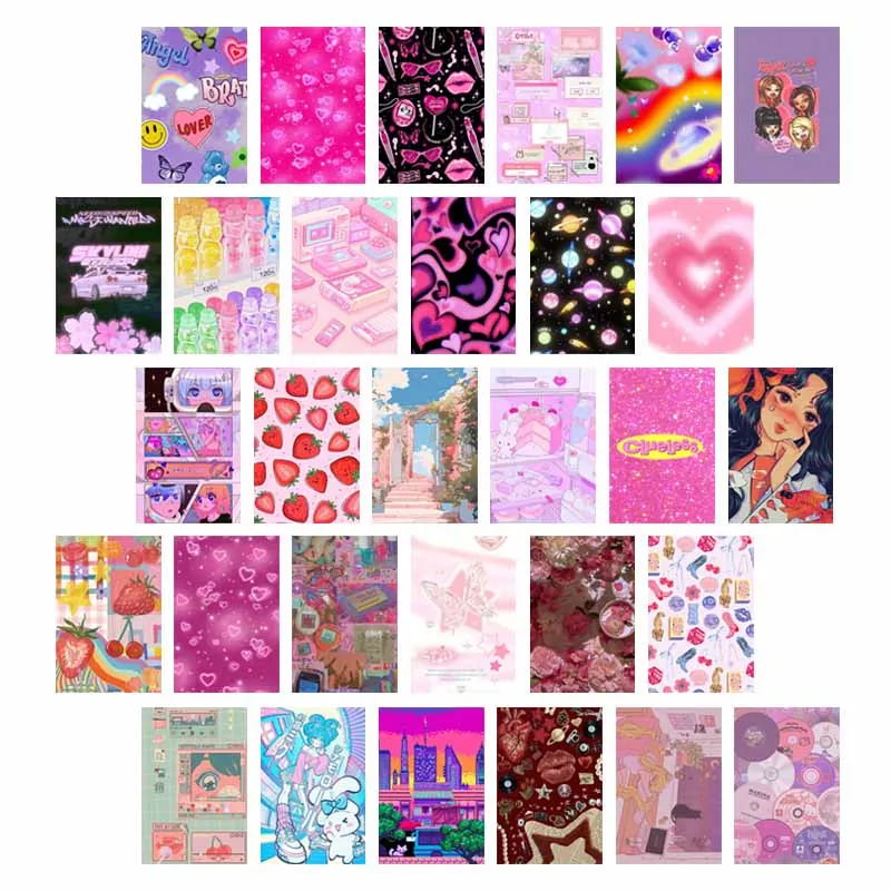 10/30 PCS Pink Cartoon Art Picture Wall Collage Kit Aesthetic Retro Y2k Heart Strawberry Poster Card Bedroom Dorm Decor Painting