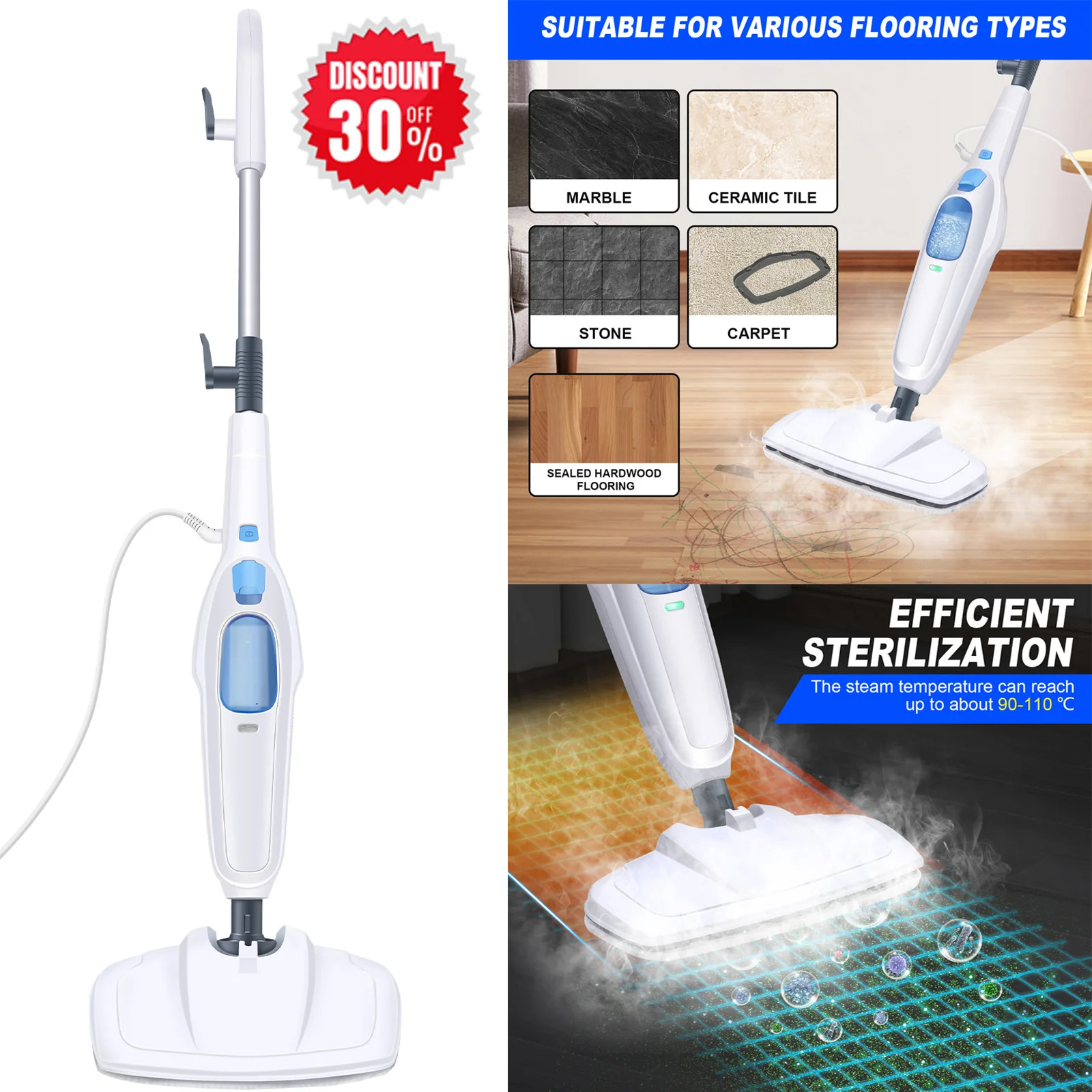 DayPlus Steam Mop & Detachable Steam Cleaner, 1500W Powerful Floor Steamer for Carpet Laminate Hardwood,2 Washable Pads, 400ml