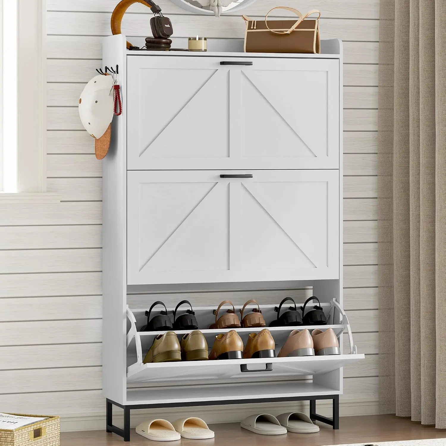 Shoe Cabinet with 3 Flip Drawers Narrow Shoe Storage Cabinet Organizer Wooden Freestanding Shoes Rack Hidden Slim, Customized