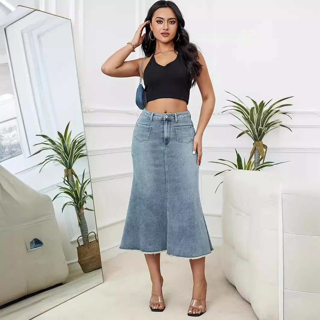 

European and American Women's Clothing High-waisted Denim Half Body Skirt, Street Fashion Casual A-line Fringed Denim Skirts