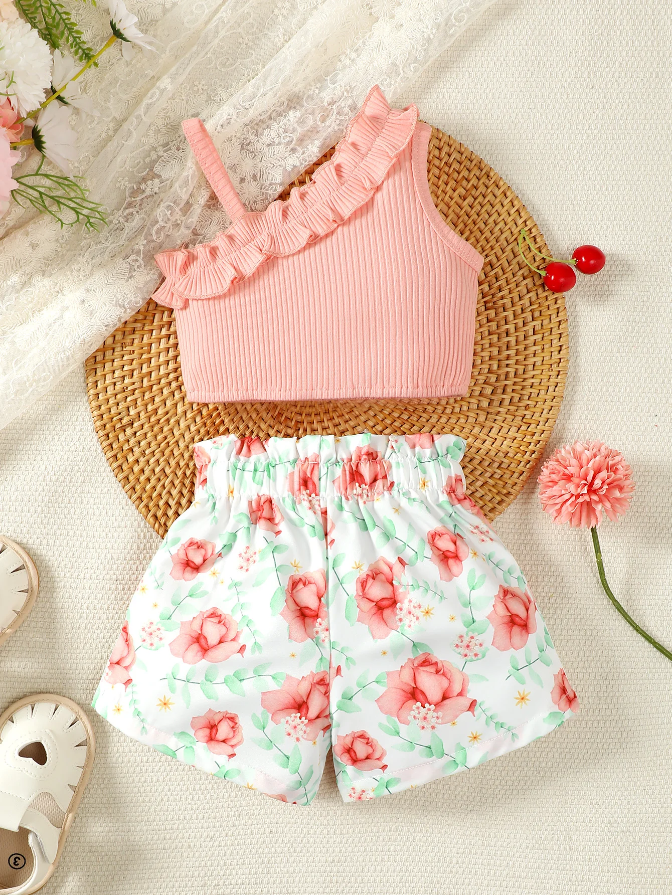 Newborn Baby Girls Clothes Set Pink Suspender Top +Bow Flower Printed Shorts Infant Girl Fashion Summer Toddler Outfit