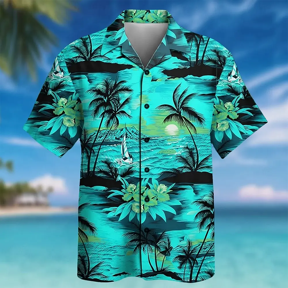 Hot Selling Men's Coconut Tree Natural Landscape Tropical Plant Shirt Summer Hawaiian Shirt Short Sleeved