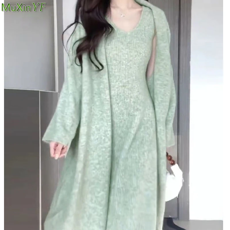 

Women Autumn Winter Knit Matching Set Casual Loose Long Sweater Coats Sleeveless Dress Two Piece Suits 2023 Green Jacket Outfits