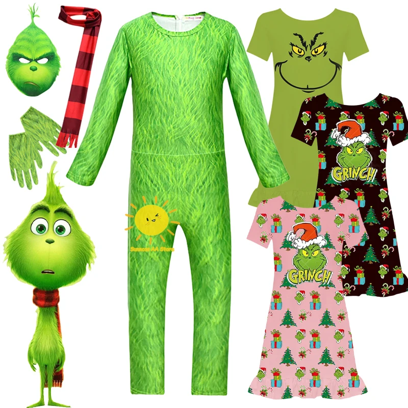 Kids Cartoon Monster Green Santa Costume Cosplay Jumpsuit Mask Gloves Set Outfit for Boys Christmas Halloween Cosplay Costumes