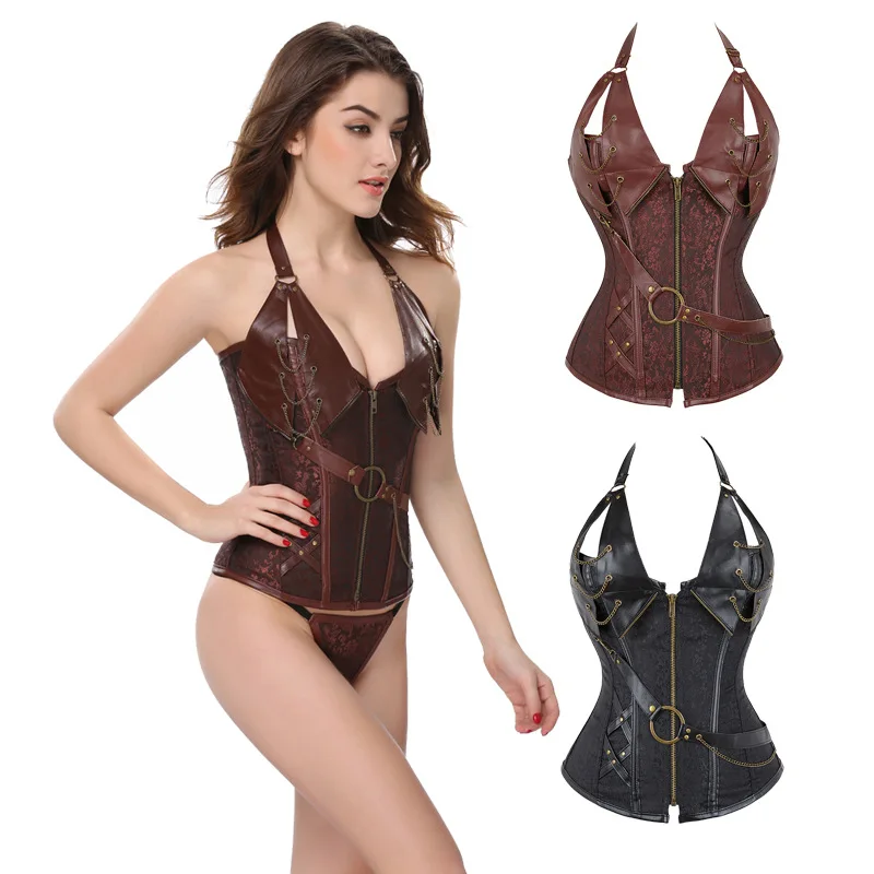 4XL/5XL/6XL Metal Punk Style Women's Leather Uniform Steel Bone Waist Neck Palace Tights Shaping Body Belly Tights Corset
