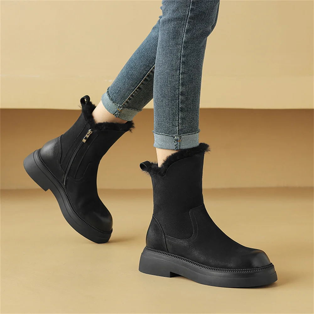 FEDONAS Fashion Warm Genuine Leather Women Ankle Boots Low Heeled Wool Inside Snow Boots Platforms Short Motorcycle Boots image 3