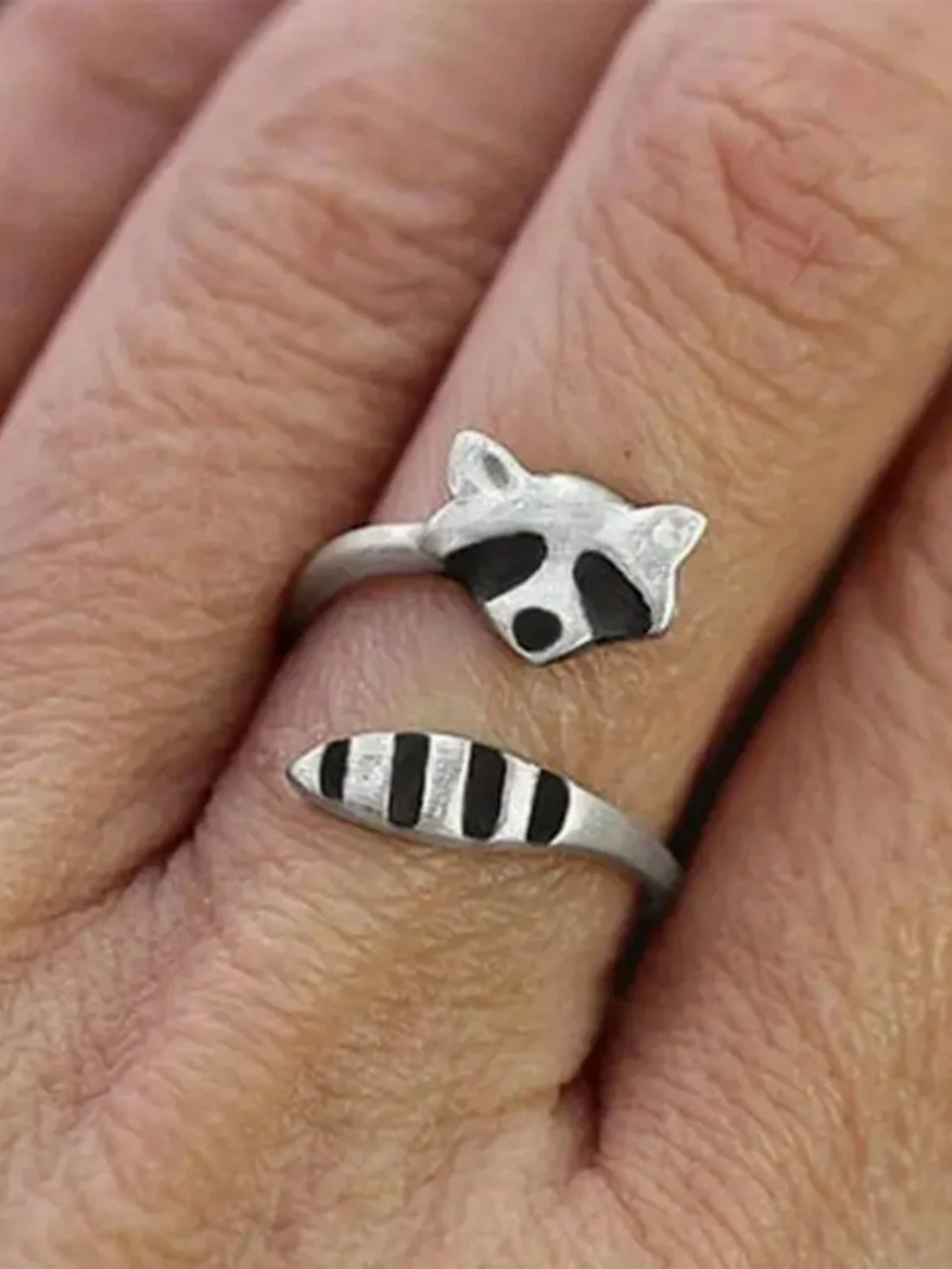 Vintage Raccoon Animal Design Open Ring Silver Plated Hand Jewelry For Women Girls Teen