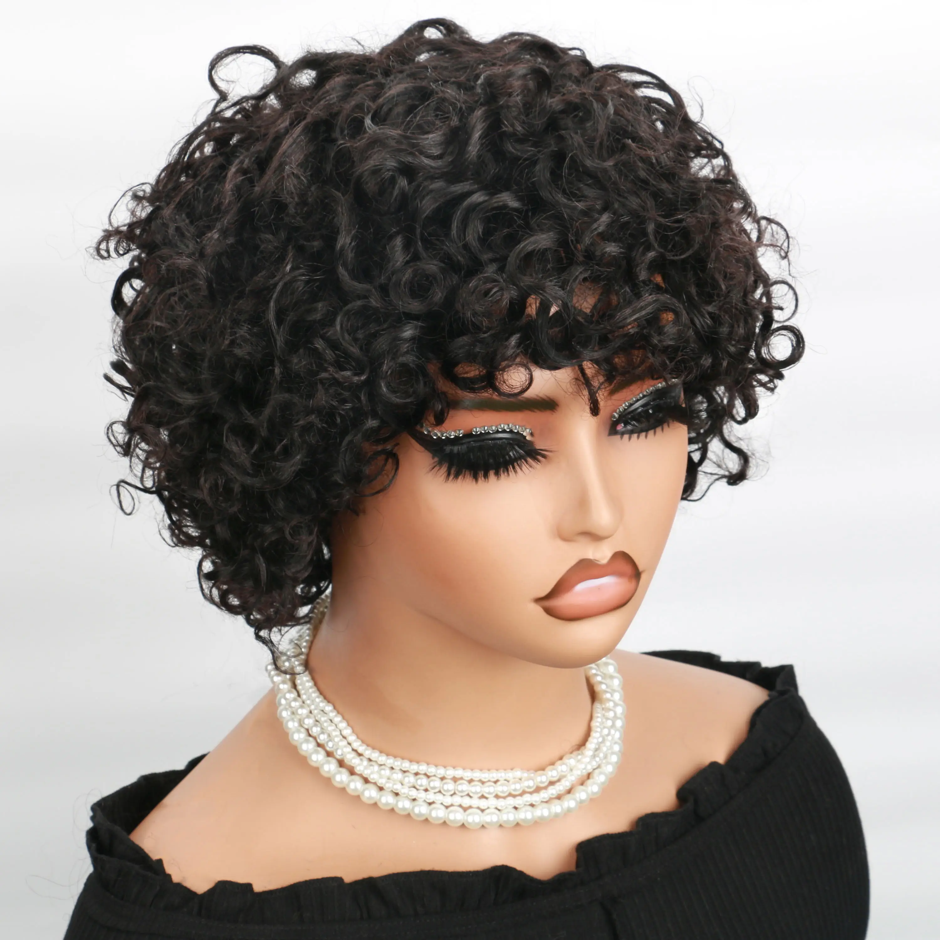 Pixie Cut Human Hair Wigs For Black Woman Rose Curly Glueless Wigs With Bangs Short Bouncy Curly Bob Wigs Nature Color