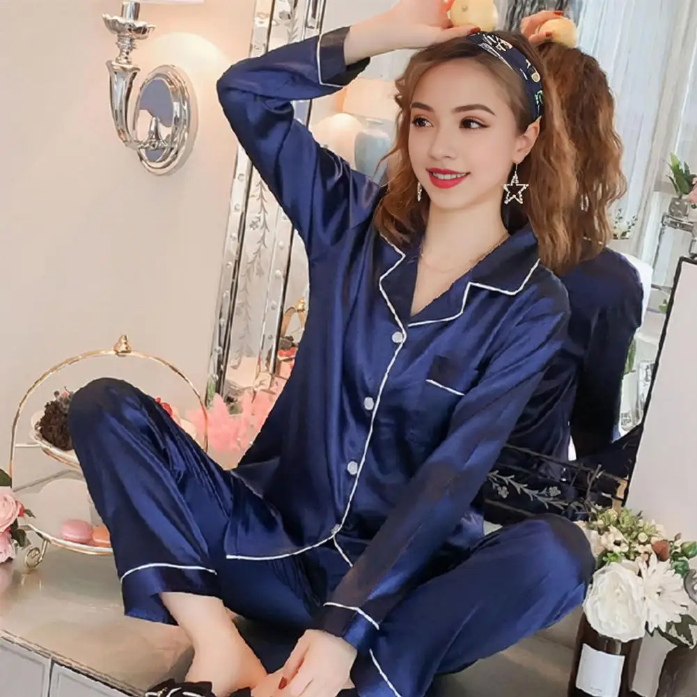 Women Two-piece Loungewear Set Milk Silk Pajama Set Elegant Silky Ice Silk Women's Pajamas Set with Lapel Collar Long for A