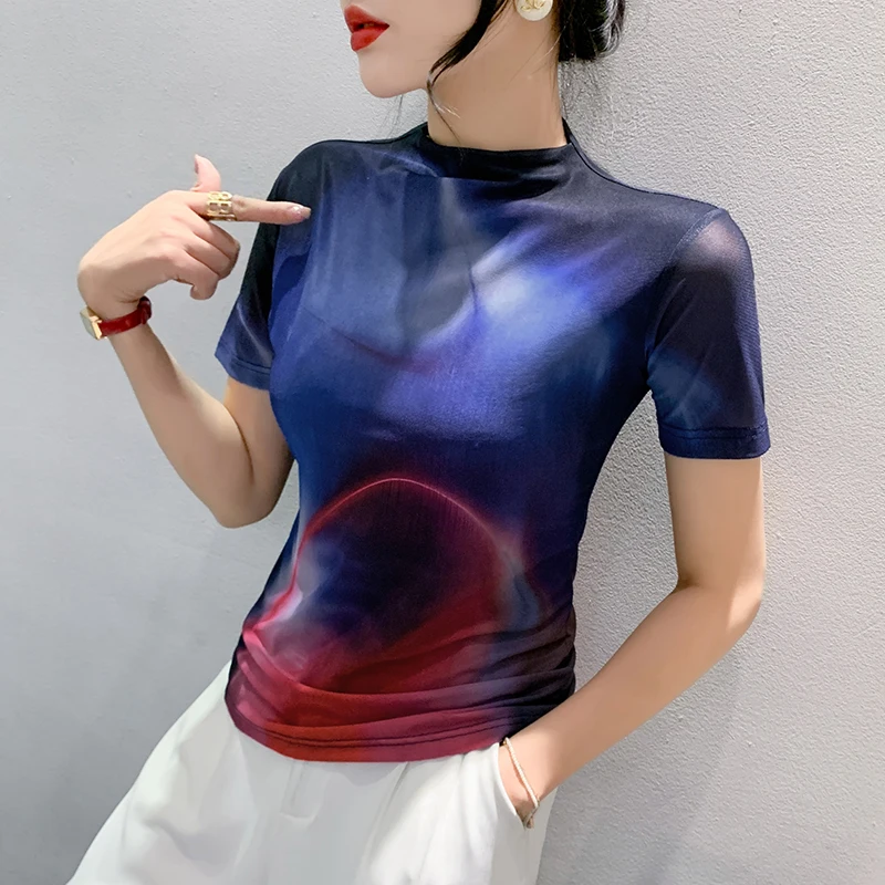 Autumn Half Turtleneck Positioning Print T-shirt Women's Short Sleeve Fashion Mesh TShirts Tees Female Slim Top BH9706