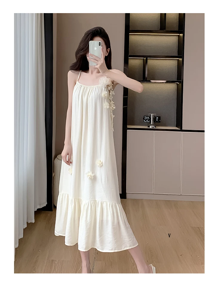 Summer Three-dimensional Flowers Embroidery Loose A-line Halter Dress Women Sleeveless Knee-length Beach Dresses Female