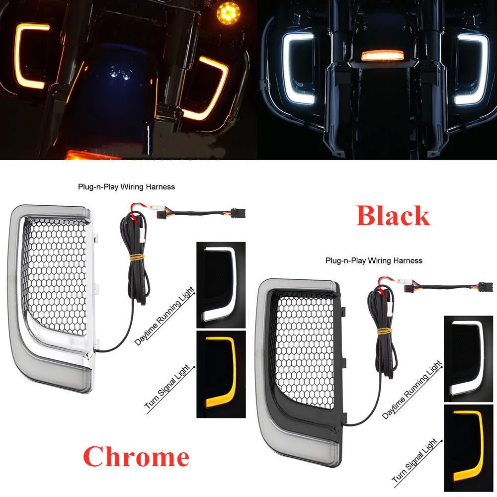 2Pcs Motorcycle LED Fairing Lower Grills Running Lamp Turn Signal Light For Harley Touring Street Electra Glide Road Glide Ultra