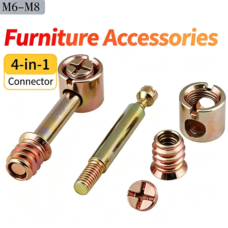 5 Sets M6 M8 Four-in-One Furniture Connecting Fittings, Hammer Head Screws  Eccentric Nuts, Wardrobe Bed Panel Assembly Hardware