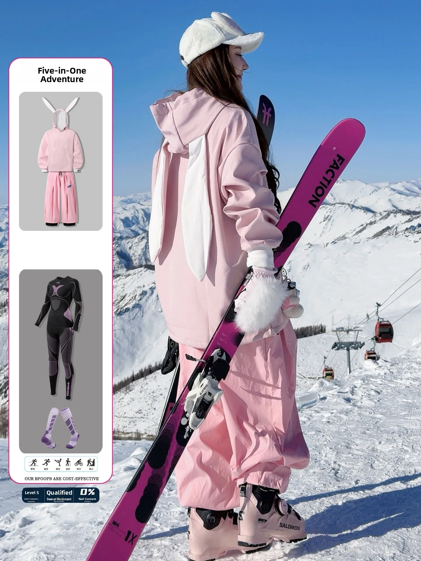 Pink Rabbit Ear Snowboard Suit Set Men's Waterproof Windproof Wear Resistant Single Board Snow Suit Full Skiing Equipment - view 5