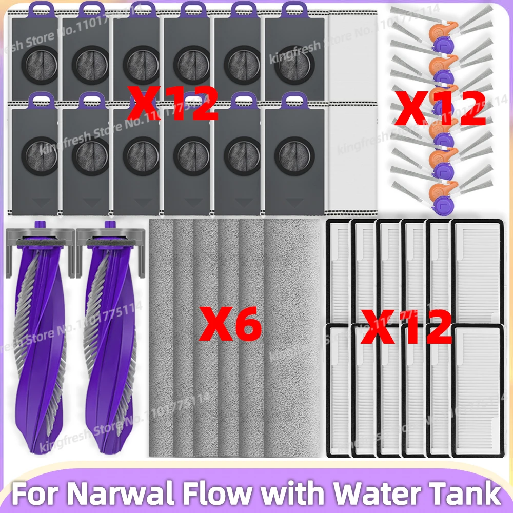Compatible avec ( Narwal Flow avec réservoir d’eau ) pièces pour aspirateur rouleau principal brosse latérale sac à poussière filtre lingette serpillière accessoires