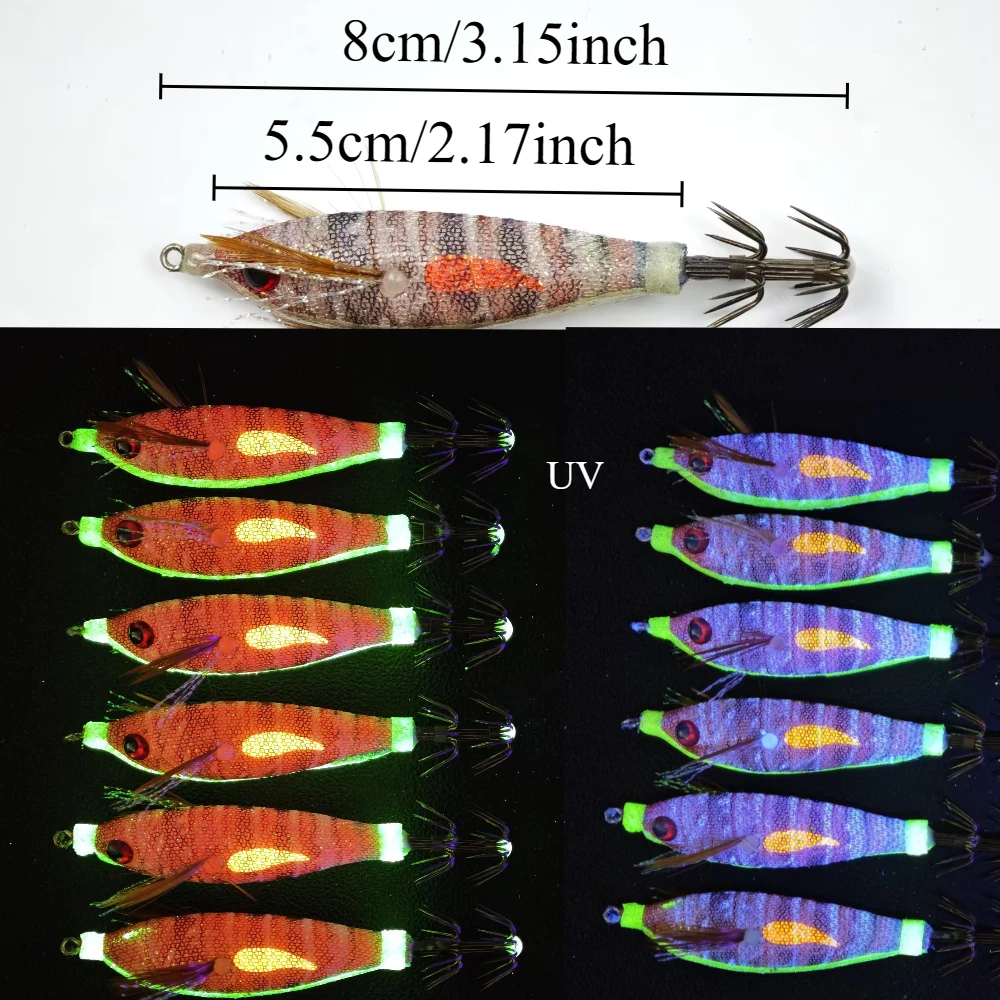 6 Stück/Set 8cm Leuchtender Garnelenköder, Leuchtender Salzwasser-Angelköder, Tintenfisch-Jig-Haken, Horizontaler Tintenfisch-Jig Egi-Set – Detail 1