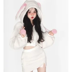 Autumn Winter Sweet Womens Two Peice Sets Cute Rabbit Ear Plush Hooded Zipper Cardigan + Slim Fit Skirt Y2k Suit Flannel Clothes