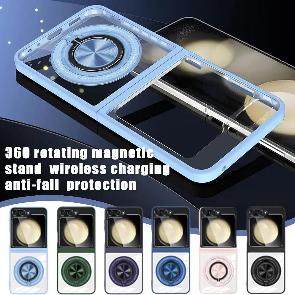 360° Magnetic Rotate Holder Phone Case For Samsung Galaxy Z Flip 6 5 Flip6 Flip5 5G Transparent Fall Protection Cover