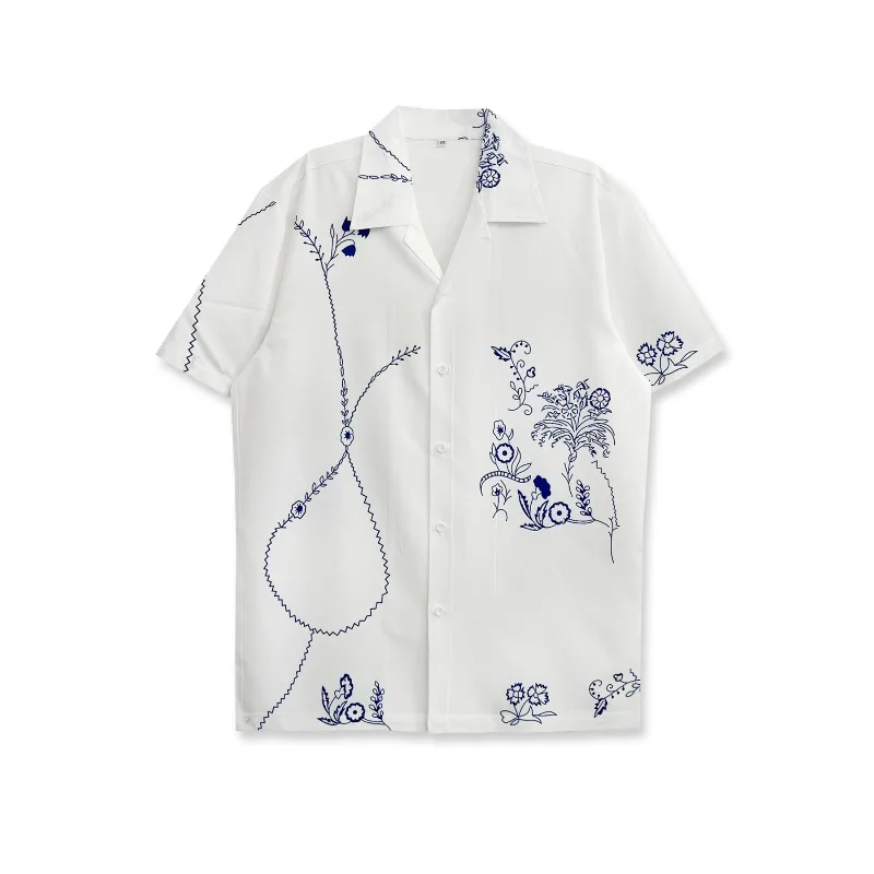 KIDWHXR Men Top Summer Vintage Printed Turn Down Collar Male T-shirts Loose Thin Comfortable Single-breasted Casual Man Shirts