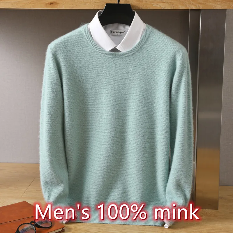 2023 Men\'s 100% Mink Sweater Cashmere Knitting Large Spring New High-End Warm Top Flat Round Neck Pullover Versatile