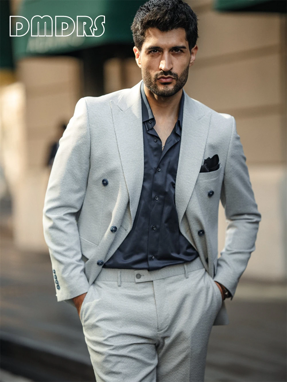 Double Breasted Light Grey Suit for Men, 2 Pieces Plus Size Men's Wedding Suits for Groom, Peak Lapel Formal Tuxedo