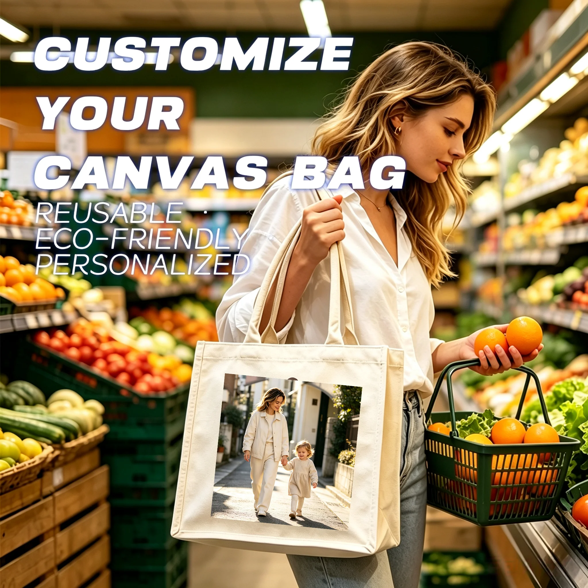 Custom Print 3D Canvas Tote Bag Personalized Logo Text Front Back Printed Eco Friendly Reusable Shopping Travel Picnic Handbag