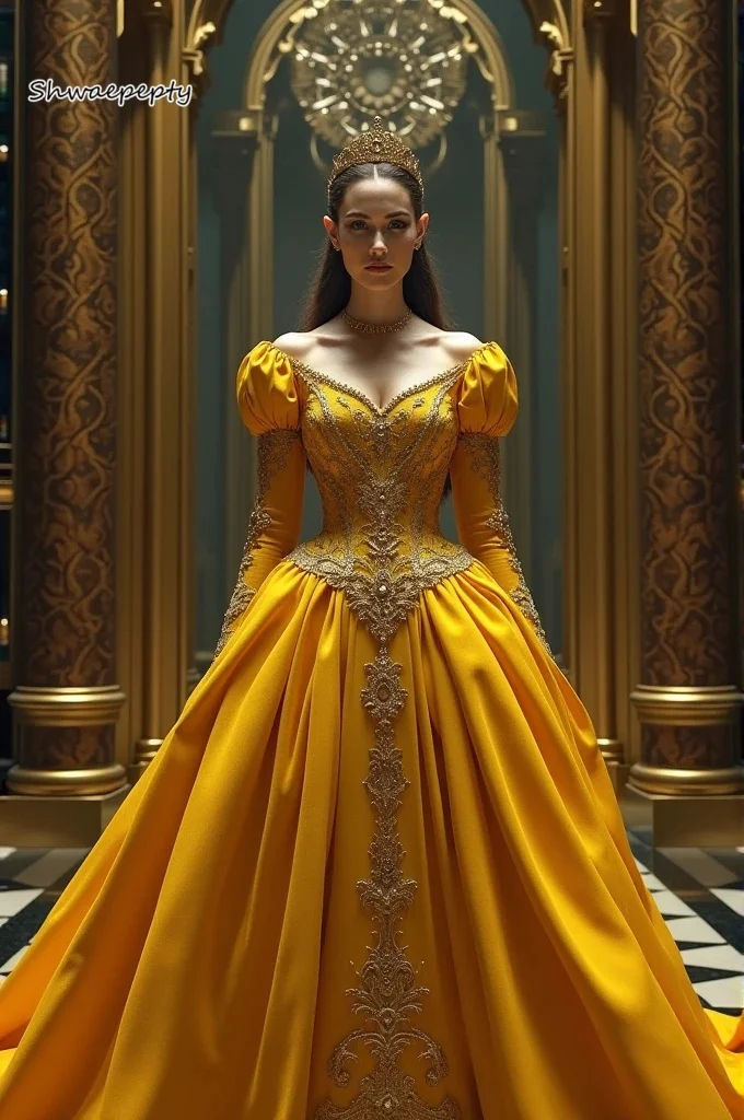 ชุดราตรีงานพรอมสีเหลืองสไตล์วินเทจยุคสมัยวิคตอเรีย แขนยาวพอง แต่งลูกไม้ ประดับลูกปัด ทรงเจ้าหญิง ชุดราตรีออกงานสั่งตัดได้