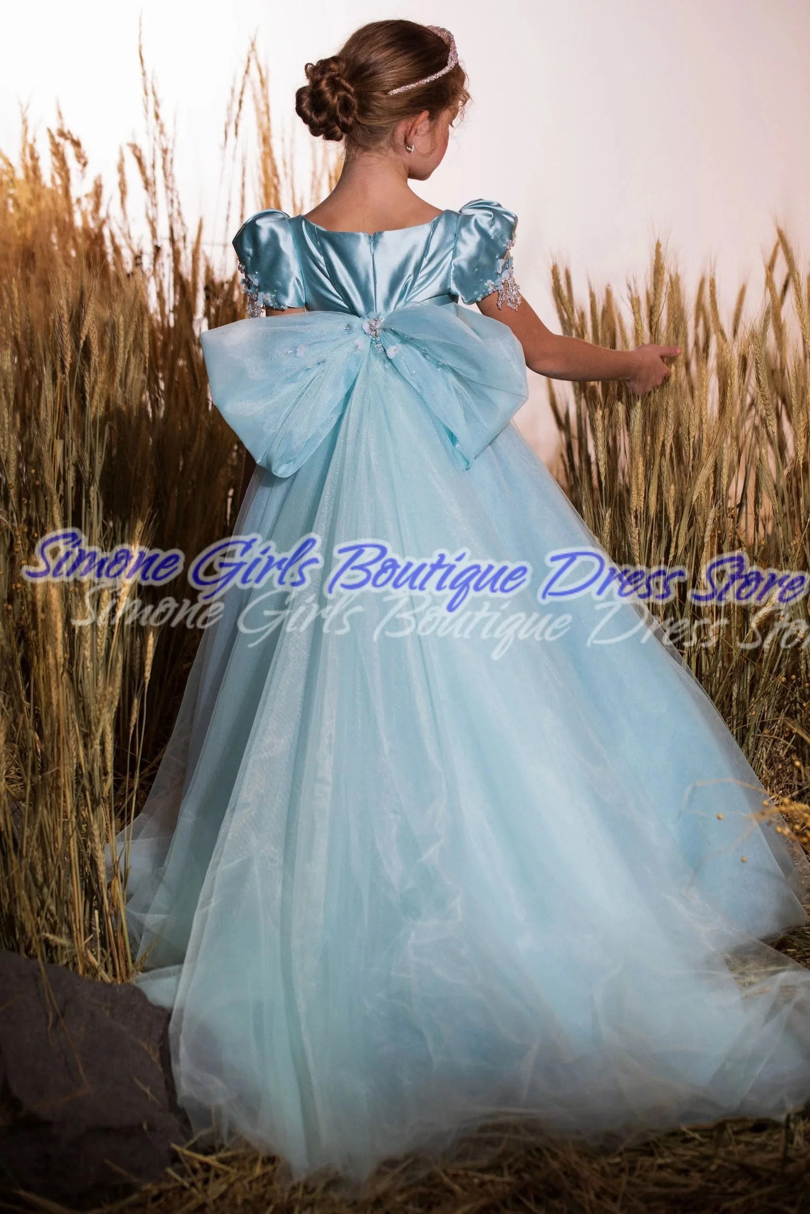 Pailletten korte mouwen hemelsblauwe elegante satijnen jurk bloemenmeisje jurk voor dansfeest bruiloft schoonheidswedstrijd verjaardagsfeestje