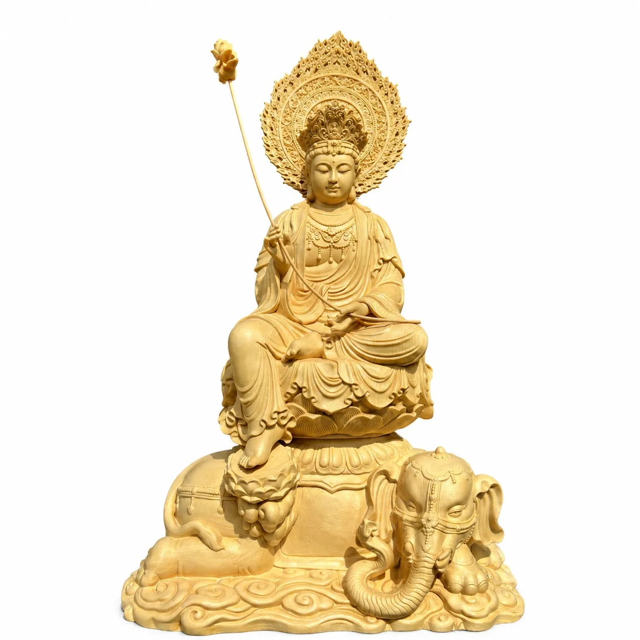 Hand Carved Hinoki Wood Manjushri Bodhisattva Statue for Traditional Chinese Buddhist Living Room Temple Decor Gift