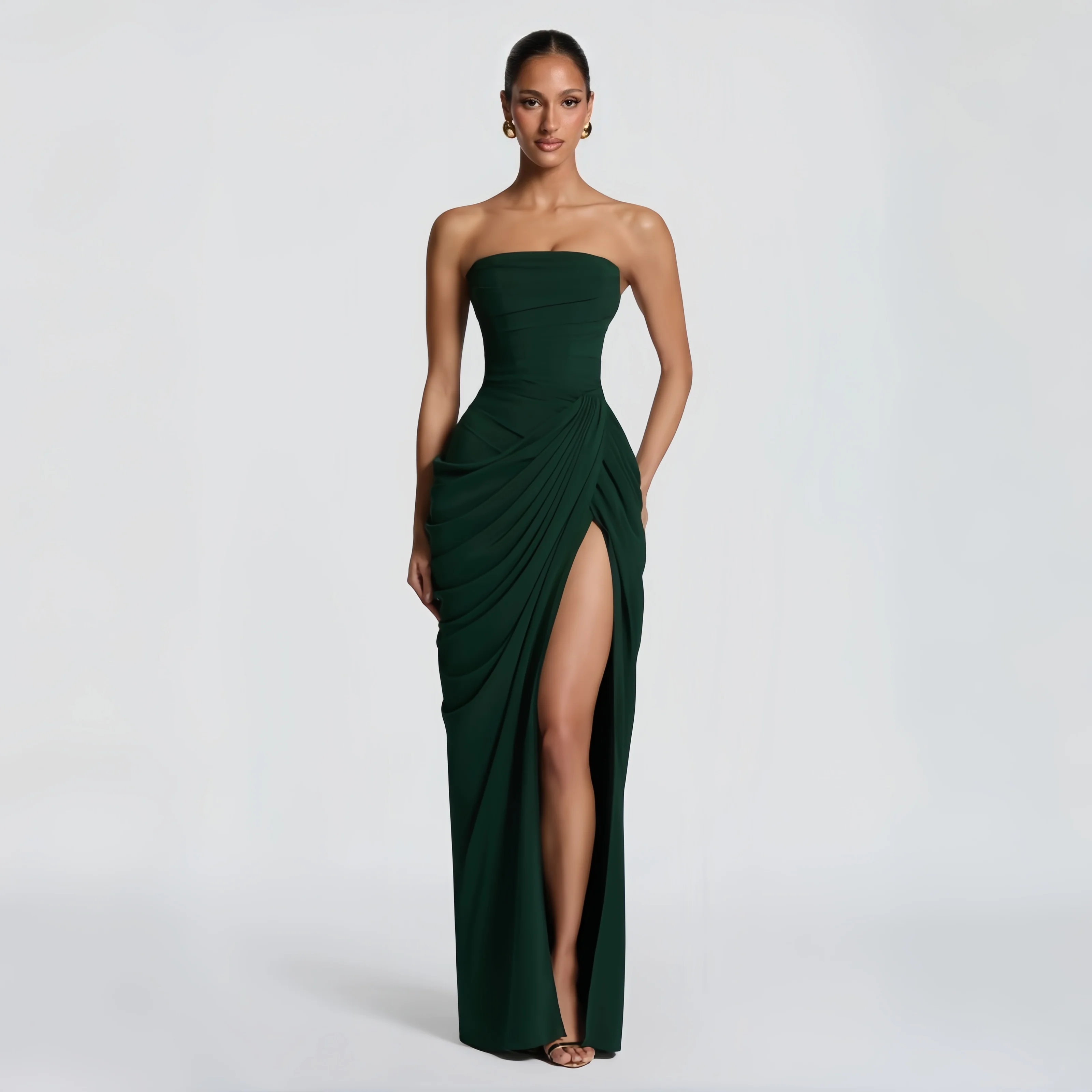 Dark Green Pleated Strapless Women's Dress Off-shoulder High Waist Split Female Dress 2026 Sexy Summer Evening Party Gown Custom