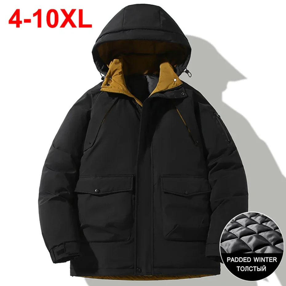 2024 Winter Parka Mannen Plus Size 9XL 10XL Gewatteerde Jassen Dikker Warme Kapmantel Casual Losse Zwarte Winterjassen uitloper