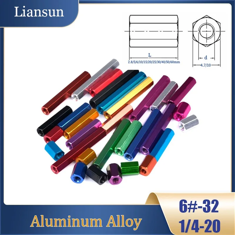 Aluminum Alloy Hex Standoff Spacer Sleeve Rod Long Nuts Connector 6#-32 1/4-20 UNC Female Threaded Standoff Hex Spacer Nut