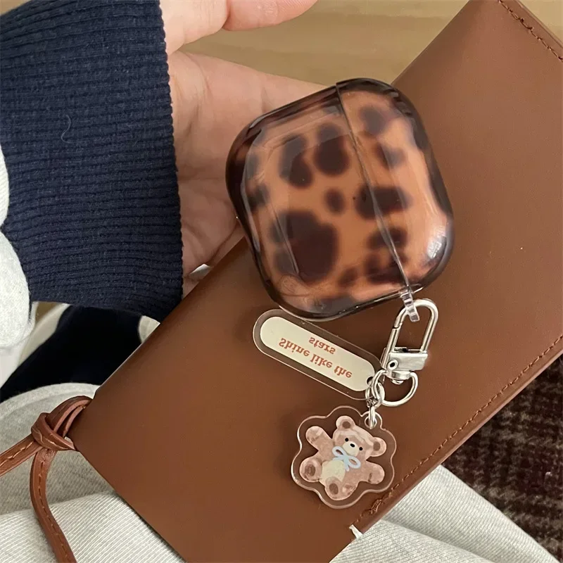 Bear Pendant Leopard Case for AirPods 4 Airpod 1 2 3 Pro Pro2 Bluetooth Earbuds Charging Box Protective Earphone Case Cover