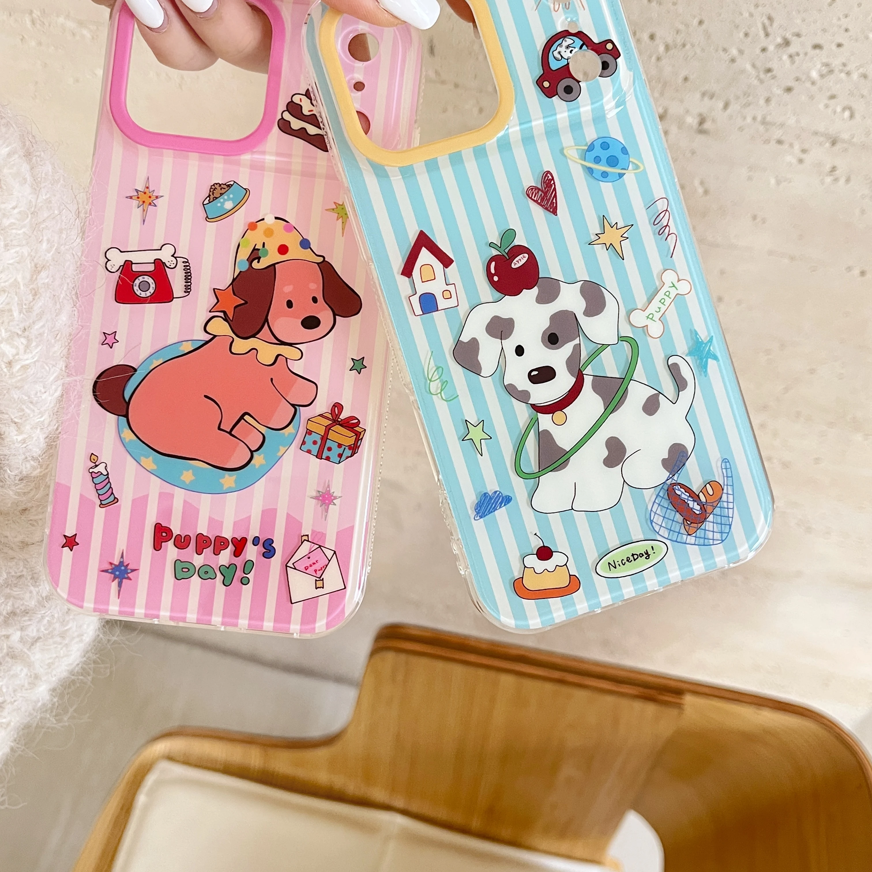 Korean INS Striped Puppy Anti-fall Acrylic Phone Case For iPhone 17 16 Pro 15  Pro Max Cover Shockproof Cute Protective Cases
