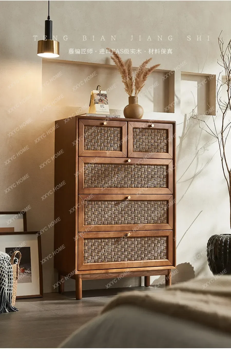 

Solid wood rattan simple modern medieval art drawer storage locker