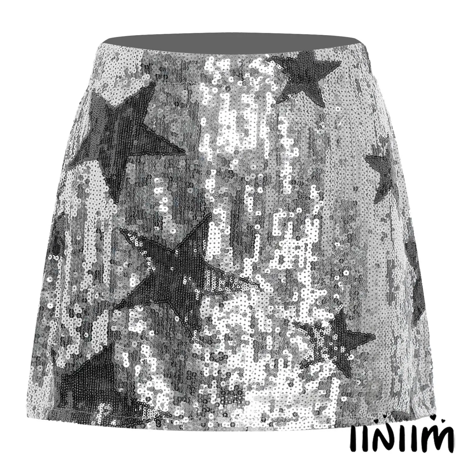 Women Starburst Sequin Mini Skirt Bodycon Fit Glitter Star Design Stretchy Waistband Skirts Prom Carnival Music Festival Attire
