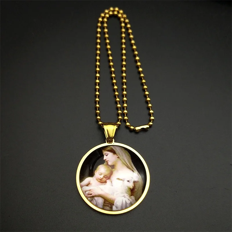 Virgin Mary Hold Baby Medal Stainless Steel Glass Car Pendant for Women Men Catholic Mother Mary Talisman Protection Jewelry