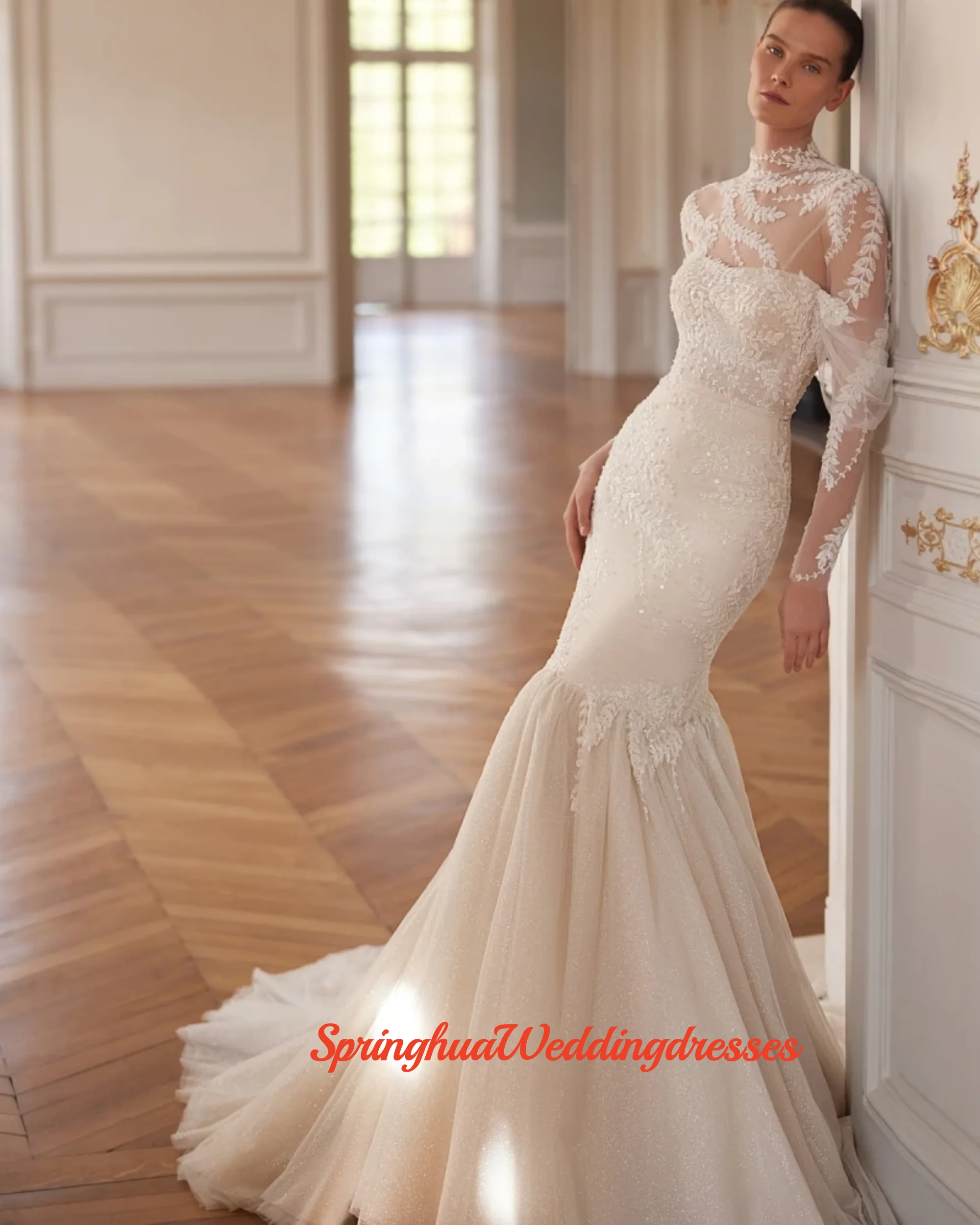 Vestido de novia largo de sirena con cuentas brillantes personalizado con chaqueta desmontable elegante Apliques de encaje vestidos de novia para novia