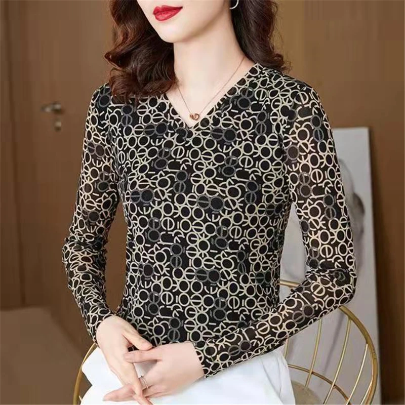 Womens Clothing 2023 Autumn and Winter Thick Letter Print Elegant Basic T-shirts Sexy Mesh V Neck Long Sleeve Slim Pullover Tops