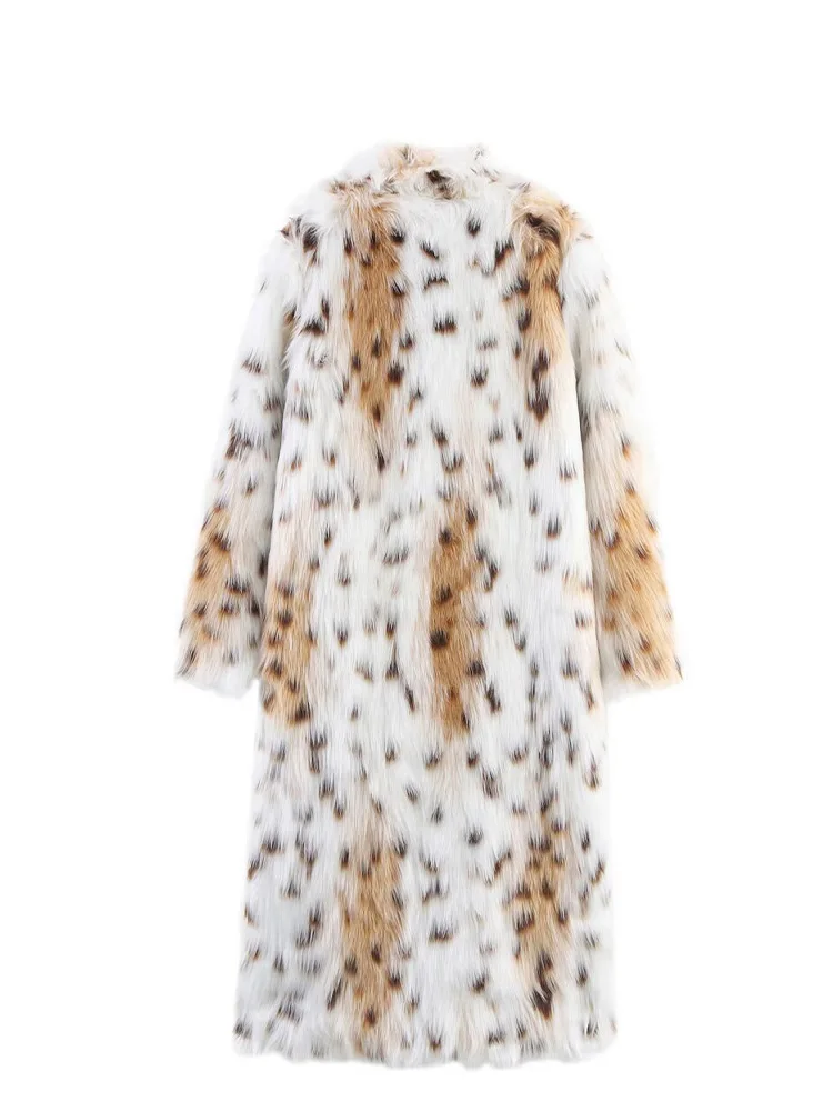 Damska zimowa kurtka z imitacji futra w panterkę, luźny płaszcz z klapami, elegancka, ciepła, codzienna kurtka z długim rękawem.