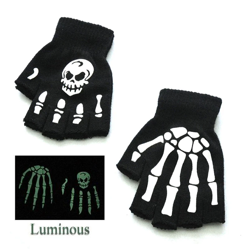 Fashion Halloween Style Gloves Luminous Horror Skull Bone Skeleton Half Gloves Novelty Unisex Mittens Winter Warmer Gloves