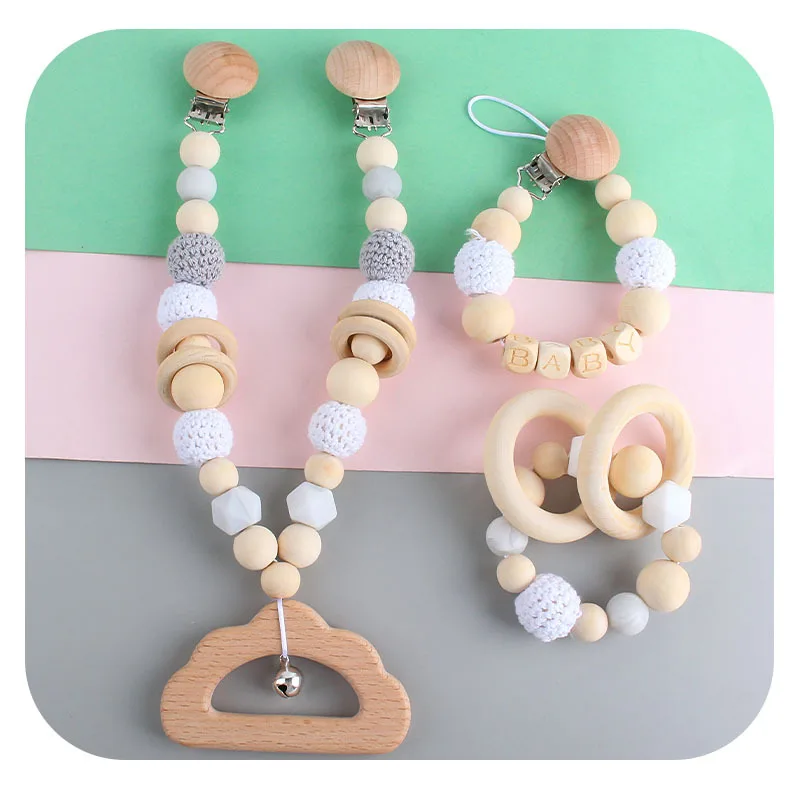 Baby Rattles Wood Teether Baby Bed Hanging Rattles Toy Make Noise Bird Elephant Shape Crochet Beads Bracelet Pram Clip Rattle