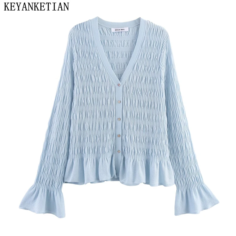 

KEYANKETIAN Autumn New Women's V-neck Flared Sleeve Pleated Knitted Cardigan Women Ruffle Edge Slim Fit Sweater