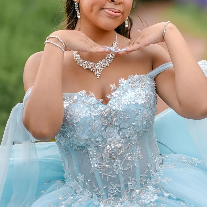 Blue Shiny Quinceanera Dresses Off The Shoulder Applique Lace Beads Bow Tull Party Birthday Sweet 16 Dress Vestidos 15 De Anos