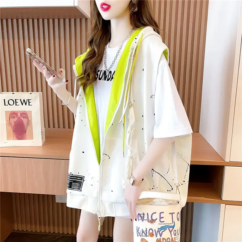 Women\'s Hooded Sweatshirt Vest Coat Can Be Worn on Both Sides Sleeveless Tops Korean Fashion Streetwear Loose Cotton Cardigan