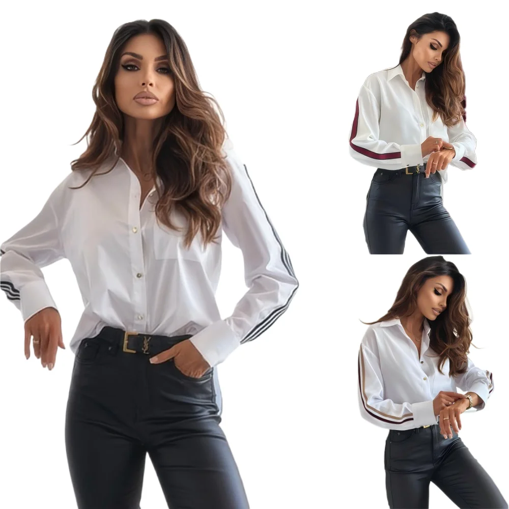 

Women Fall Spring White Shirt Basic Stripe Long Sleeves Loose Casual Office Shirt Office Tops Solid Blouses Fashion Street Blusa