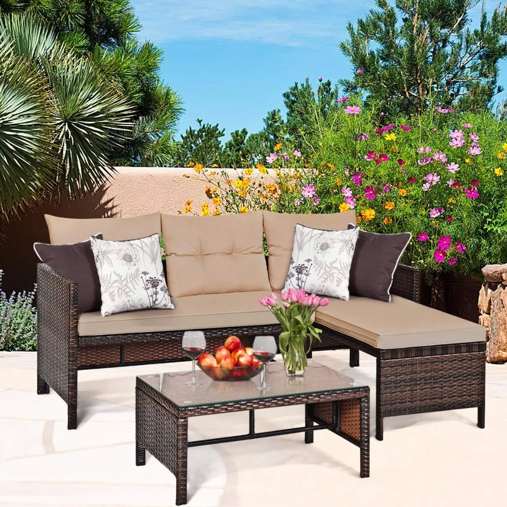 Terrassen-Ecksofagarnitur, 3-teilig, Outdoor-Rattan-Sofagarnitur, inklusive Lounge-Chaise, Loveseat und Couchtisch