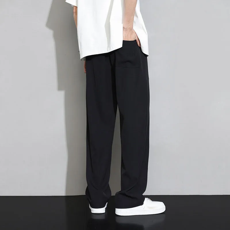 Calça casual de seda de gelo masculina, calça masculina fina e respirável, calça reta de perna larga, corredores elásticos, primavera, verão, 2021