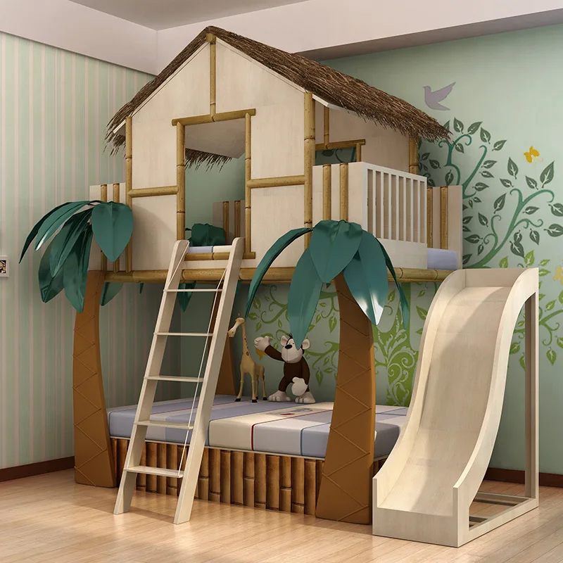 Second child children\'s room bed solid wood boy and girl theme hotel children\'s bed tree house bed double deck slide bed