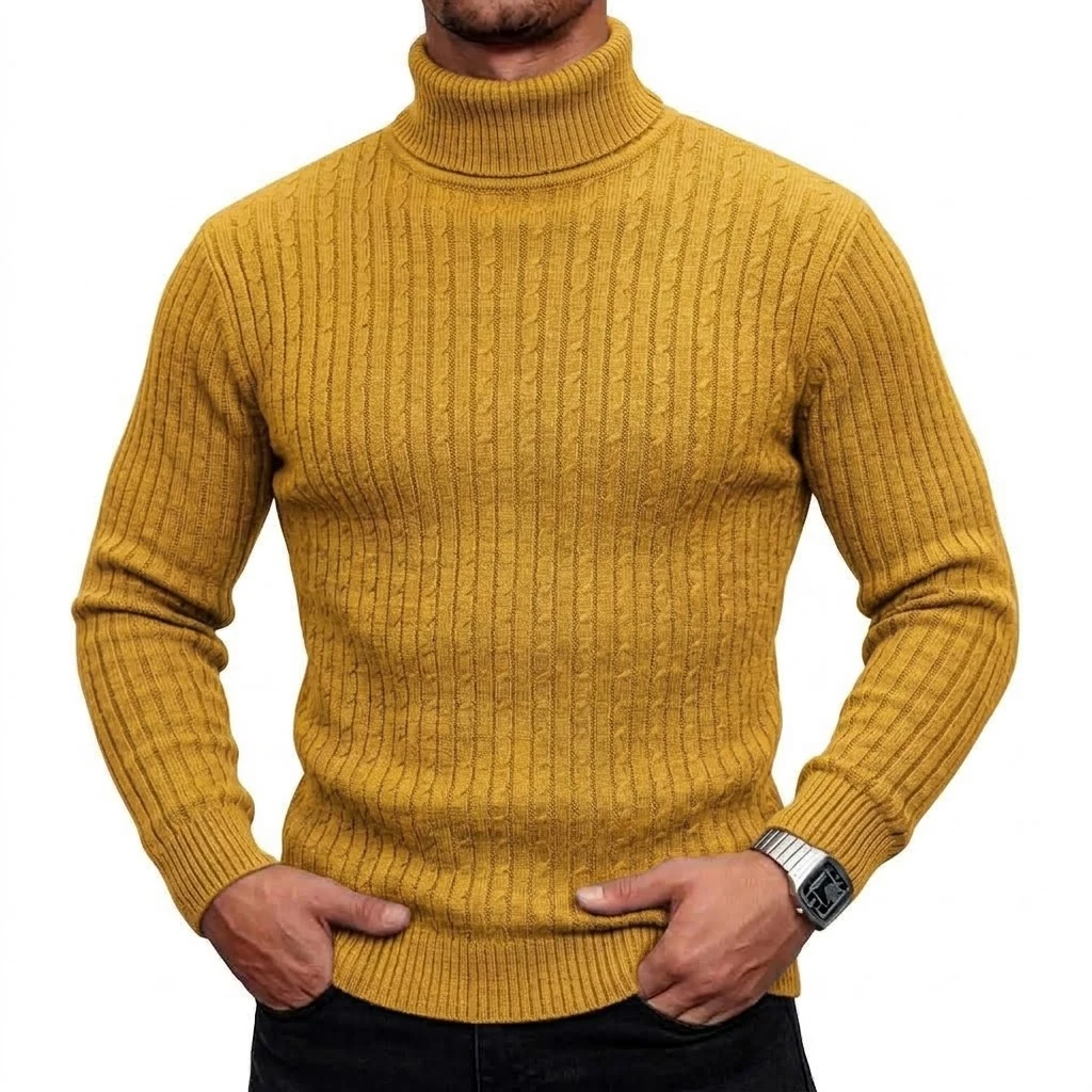 Neuer Herren-Rollkragenpullover, lässiger Zopfstrickpullover, hoher Kragen, lange Ärmel, warme Winterpullover für Männer, schmal geschnittene Oberteile. – Detail 9